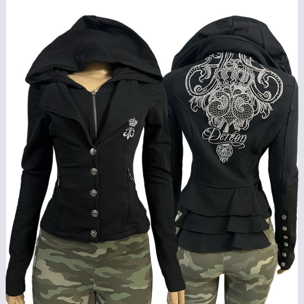 Dereon NWOT Stylish Hoodie Full Zip & Snap Closure Long Sleeve Small Black